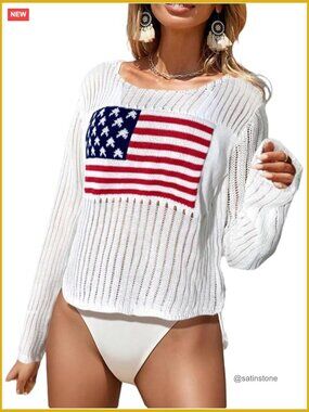 American Flag Sweater Crochet Top Hollow Out Long Sleeve Crew Neck Knit Cover Up